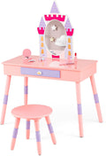 Costzon Kids Vanity Set, Girls Vanity Set with Mirror and Stool, Princess Makeup Dressing Table with Drawer, Growth Chart, Floating Shelves, Kids Vanity Table and Chair Set, Pink