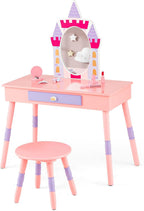 Costzon Kids Vanity Set, Girls Vanity Set with Mirror and Stool, Princess Makeup Dressing Table with Drawer, Growth Chart, Floating Shelves, Kids Vanity Table and Chair Set, Pink