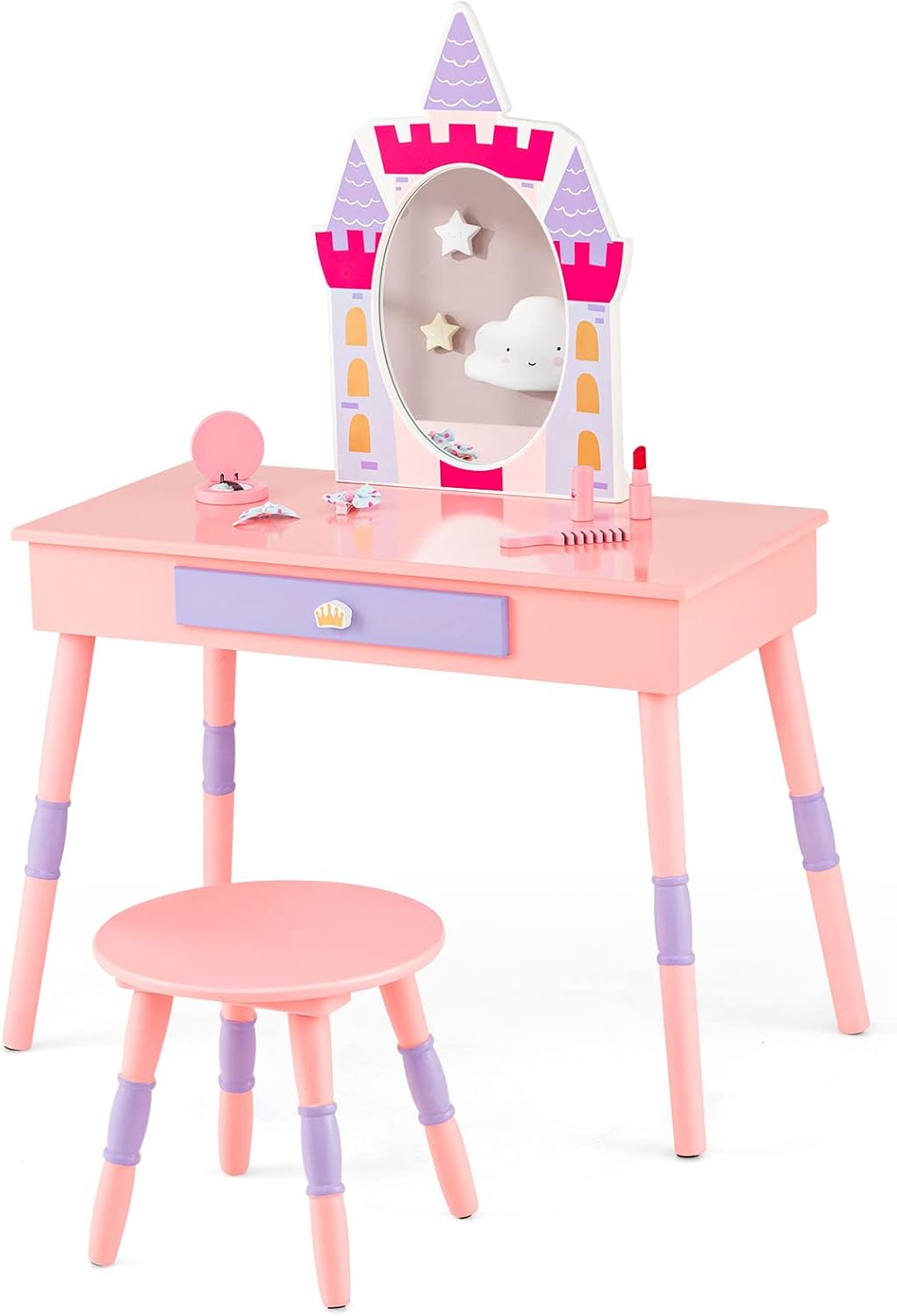Costzon Kids Vanity Set, Girls Vanity Set with Mirror and Stool, Princess Makeup Dressing Table with Drawer, Growth Chart, Floating Shelves, Kids Vanity Table and Chair Set, Pink