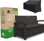 EconoHome 3 Seat Outdoor Storage Bench with Rain Cover - 90 Gallon Capacity - Weatherproof Resin Bench for Patio, Porch, Garden, Yard, Pool Area - Furniture for Pool Accessories, Gardening Tools