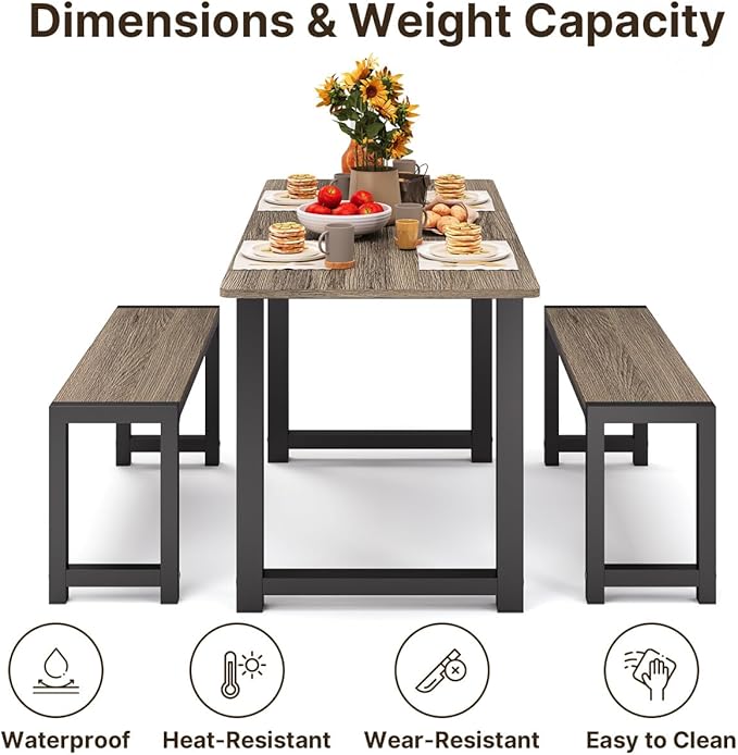 Gizoon 63” Kitchen Table Sets with 2 Benches Extendable Dining Table Set for Small Spaces Dining Room Table 4 Set Chairs for Kitchen Apartment Outdoor and Home Office, Gray