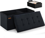 HAUSFRAU Ottoman with Storage Bench Folding Foot Rest Stool Linen Black | 31.5", Flip Lid, Small Upholstered Foldable Footrest Footstool, Bedroom Bench, Living Room Dorm Ottoman, Rectangle