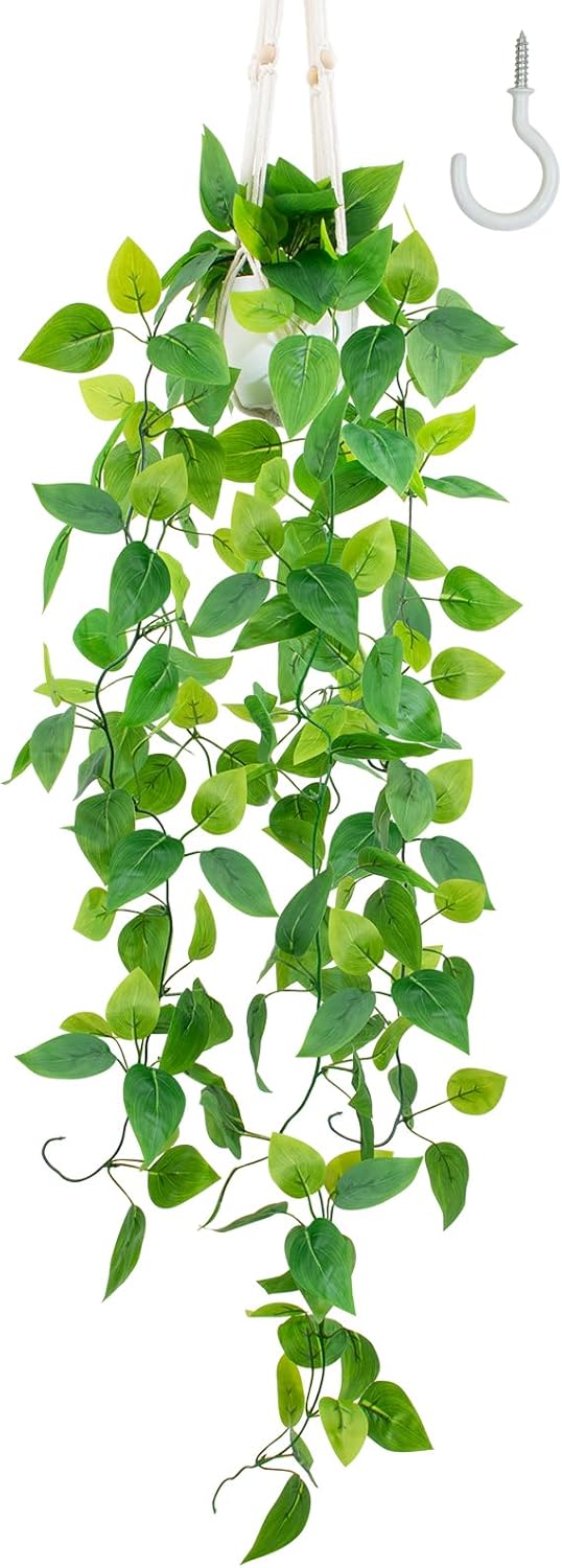 LOYWREE 1 Pack Artificial Hanging Plant Kit with Pot and Hanger - 39" Long Fake Pothos Vines - Hanging Potted Faux Plant Indoor for Wall Ceiling Bedroom Bathroom Living Room Home Decor (White Pot)