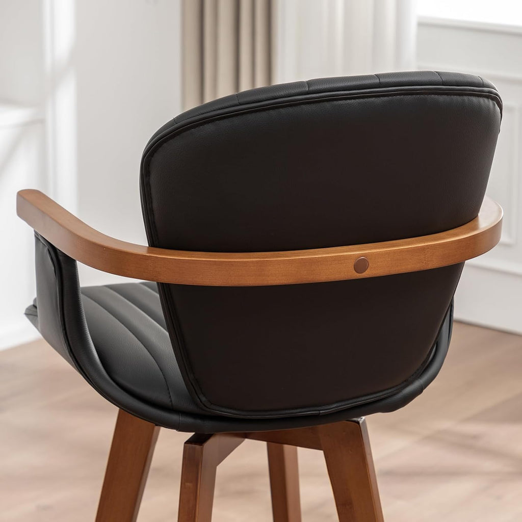 LUNLING 30” Bar Height Stools,Mid Century Modern Bar Stools,Black PU Leather Kitchen Island Stool,Wood High Barstools Swivel with Back and Arms for Home Bar Furniture,1PCS