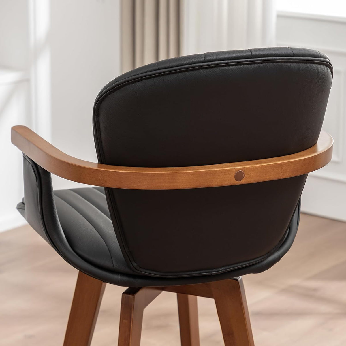 LUNLING 30” Bar Height Stools,Mid Century Modern Bar Stools,Black PU Leather Kitchen Island Stool,Wood High Barstools Swivel with Back and Arms for Home Bar Furniture,1PCS