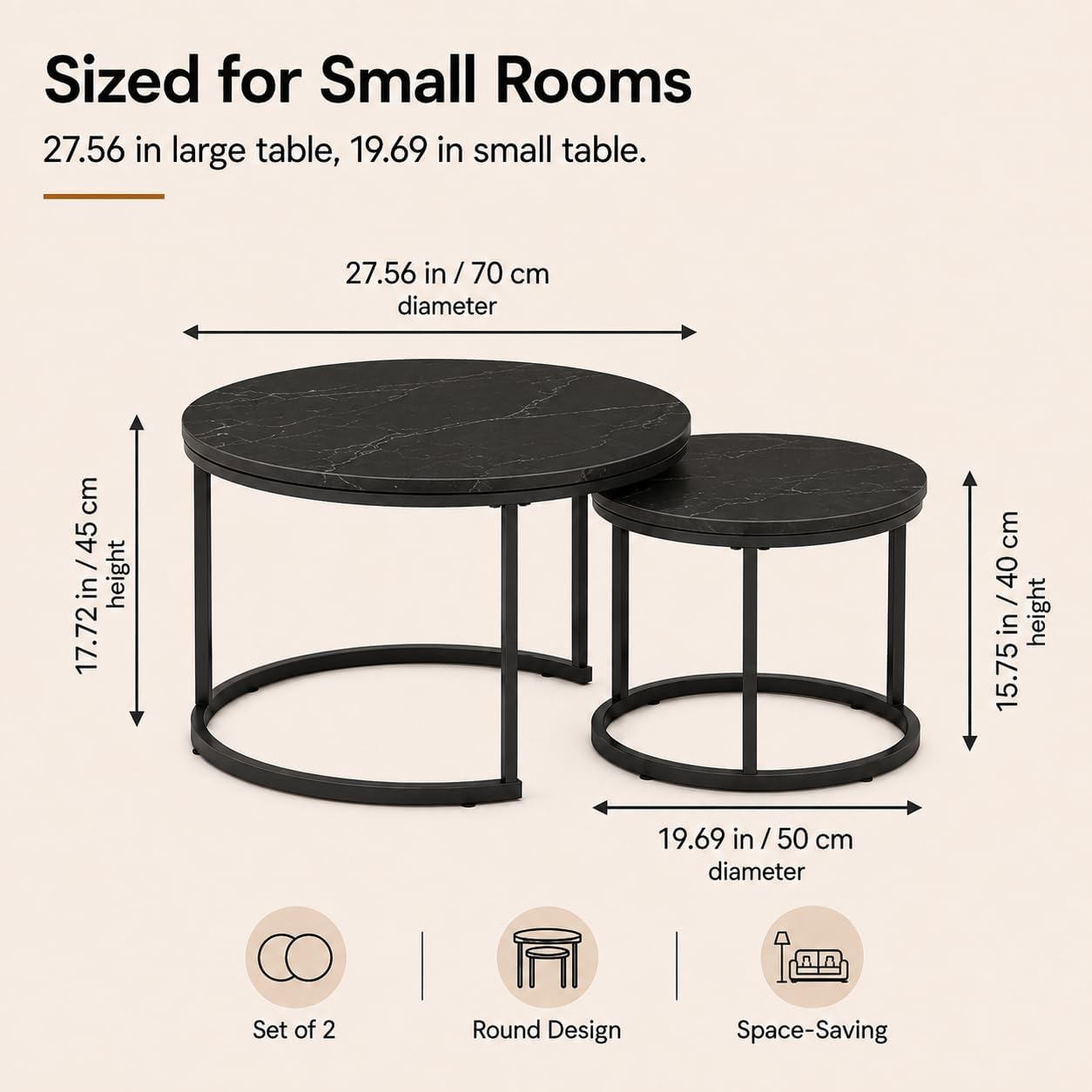Nesting Coffee Table Set of 2，Black + Black | 27.6'' Industrial Coffee Table Nesting with Metal Frame, Round Coffee Tables for Living Room,Bedroom, Balcony