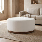 Brown Round Boucle Upholstered Ottoman, 38-Inch Diameter, Cushioned Top, Durable Fabric, Stylish Outdoor Furniture, Ideal for Patio Lounge