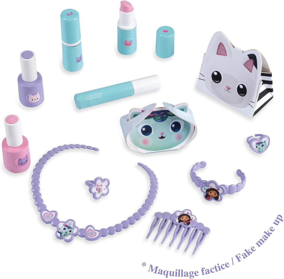 Smoby - Gabby et la Maison Magique - 2-in-1 Dressing Table - Stool + 12 Dummy Accessories Included - Adjustable Mirror - Suitable for Ages 3 and Above - Made in France