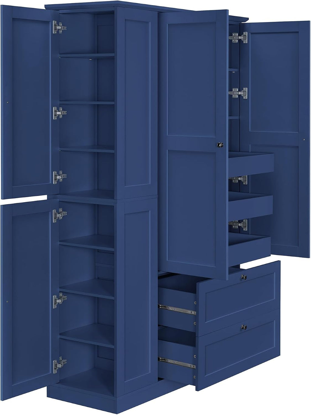 71" Tall Kitchen Pantry Storage Cabinet with 3 Pull Out Trays & 2 Large Drawers, Farmhouse Storage Cabinet Cupboard with 6 Doors and Side Cabinets, Pantry Cabinet for Kitchen, Dining Room, Blue