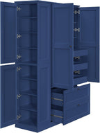 71" Tall Kitchen Pantry Storage Cabinet with 3 Pull Out Trays & 2 Large Drawers, Farmhouse Storage Cabinet Cupboard with 6 Doors and Side Cabinets, Pantry Cabinet for Kitchen, Dining Room, Blue