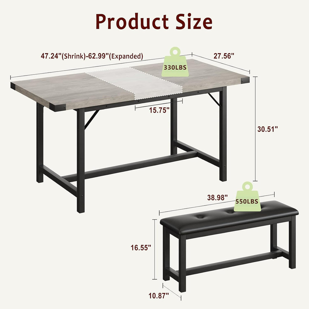 IDEALHOUSE 63" 3 Piece Extendable Dining Table Set for 4-6, Rectangle Wooden Kitchen Table with 2 Soft Benches Set for 6, Sturdy Metal Frame, Dinette Table Set for Apartment, Kitchen, Rustic Gray