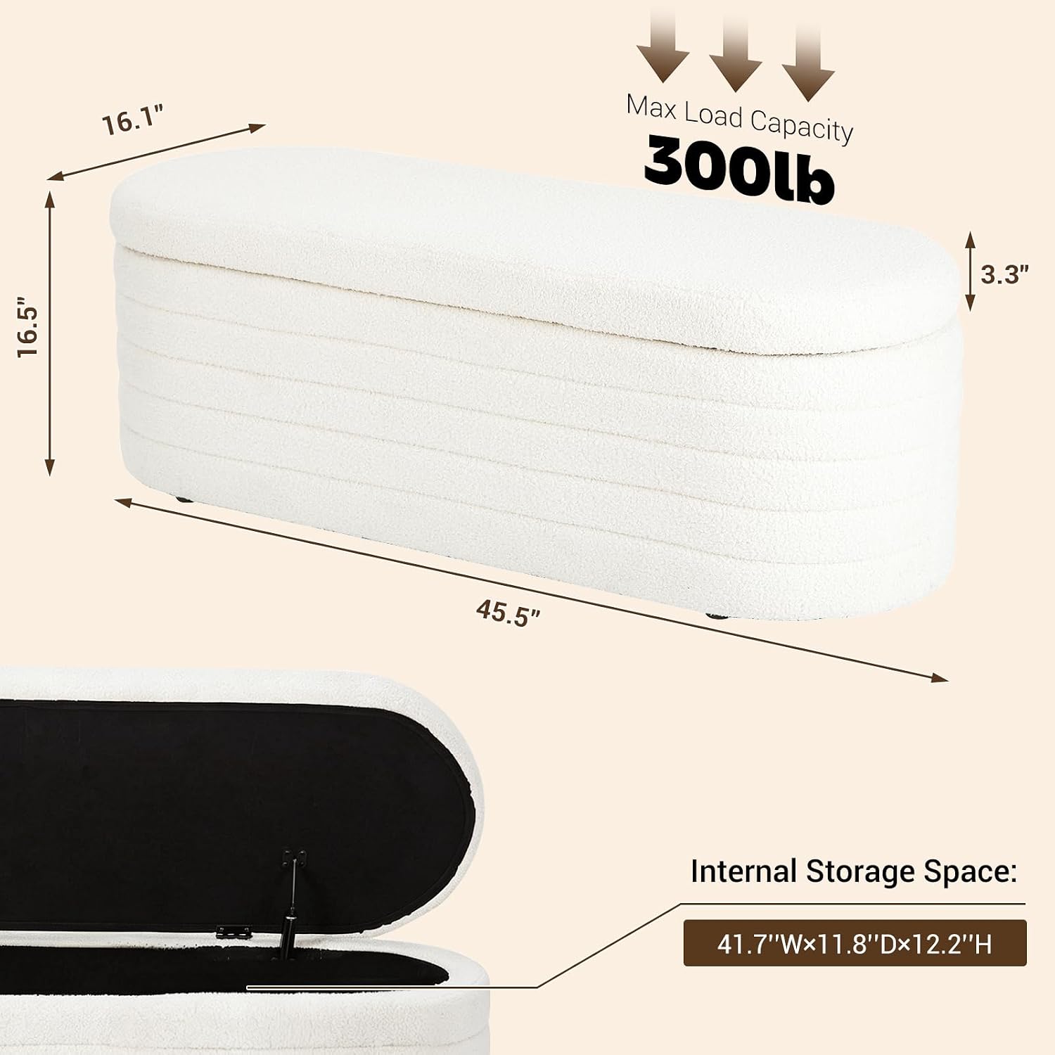 Ottoman with Storage 45.5" Storage Ottoman Bench White | Teddy Upholstered Entryway Bench Hidden Storage, No Assembly, Cozy, for Living Room, Bedroom, Apartment