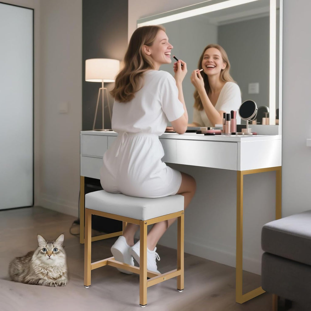 Saddle Seat Vanity Stool, Makeup Stool Chair with Metal Leg, U-Shaped PU Leather Ottoman Foot Rest, Small Square Chairs Under Desk for Vanity, Living Room, Modern Makeup Bench White&Gold