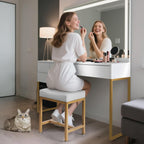 Saddle Seat Vanity Stool, Makeup Stool Chair with Metal Leg, U-Shaped PU Leather Ottoman Foot Rest, Small Square Chairs Under Desk for Vanity, Living Room, Modern Makeup Bench White&Gold