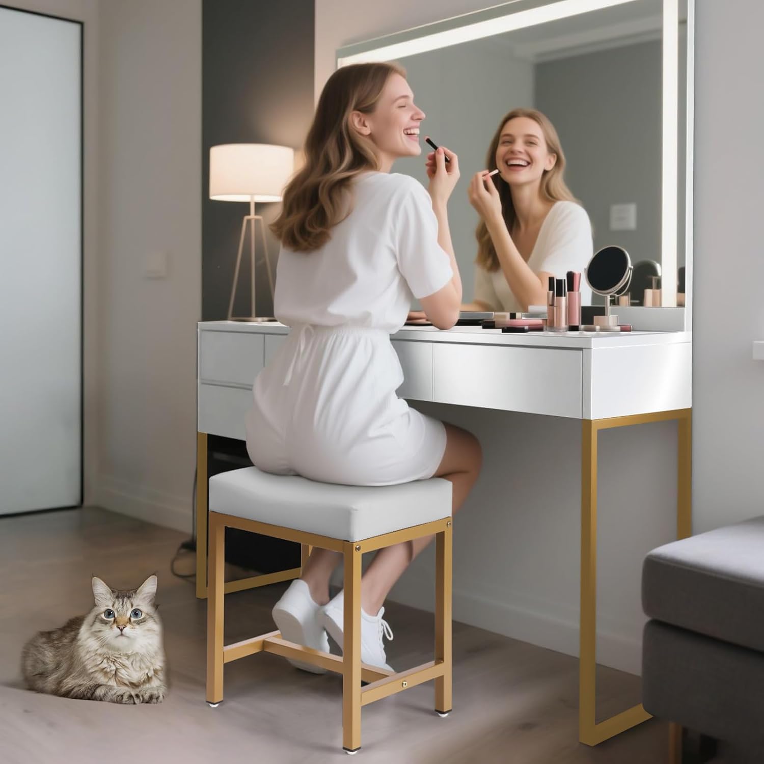 Saddle Seat Vanity Stool, Makeup Stool Chair with Metal Leg, U-Shaped PU Leather Ottoman Foot Rest, Small Square Chairs Under Desk for Vanity, Living Room, Modern Makeup Bench White&Gold
