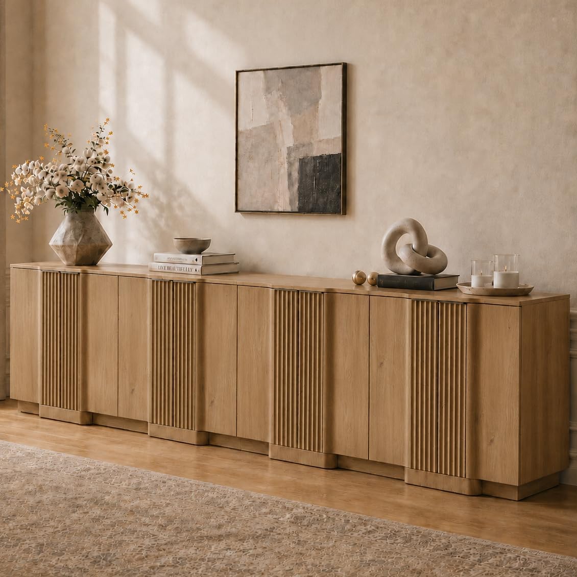 Brafab Buffet Cabinet, 110" Modern Farmhouse Accent Sideboard Cabinet with 8 Doors, Wood Fluted Credenza for Living Room and Kitchen, Natural Oak
