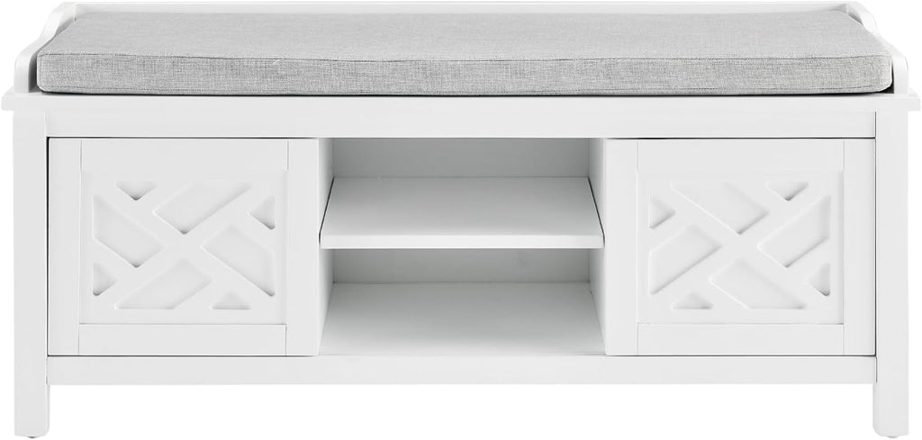 Coventry Modern Entryway Bench with Cushion – 45-Inch Storage Bench with 3 Cubbies, Adjustable Shelves & Decorative Side Panels for Mudroom or Hallway Seating by Alaterre Furniture (White)