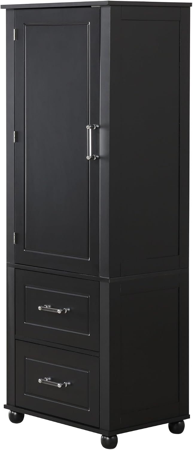 Merax 61.4" Pantry Cabinet with One Door & Two Drawers, Adjustable Shelves Storage Cupboard for Kitchen/Dining Room/Bathroom, Soild Wood Legs, Black