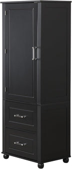 Merax 61.4" Pantry Cabinet with One Door & Two Drawers, Adjustable Shelves Storage Cupboard for Kitchen/Dining Room/Bathroom, Soild Wood Legs, Black