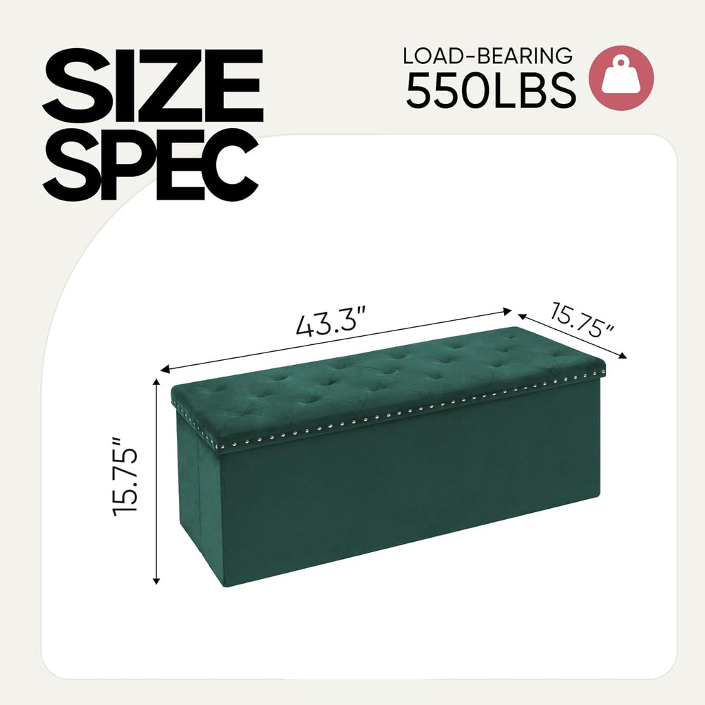 Storage Ottoman Bench, 43 Inches Folding Green Velvet Long Ottoman with Storage for Bedroom 43.7" L x 15.7" W x 15.7" H