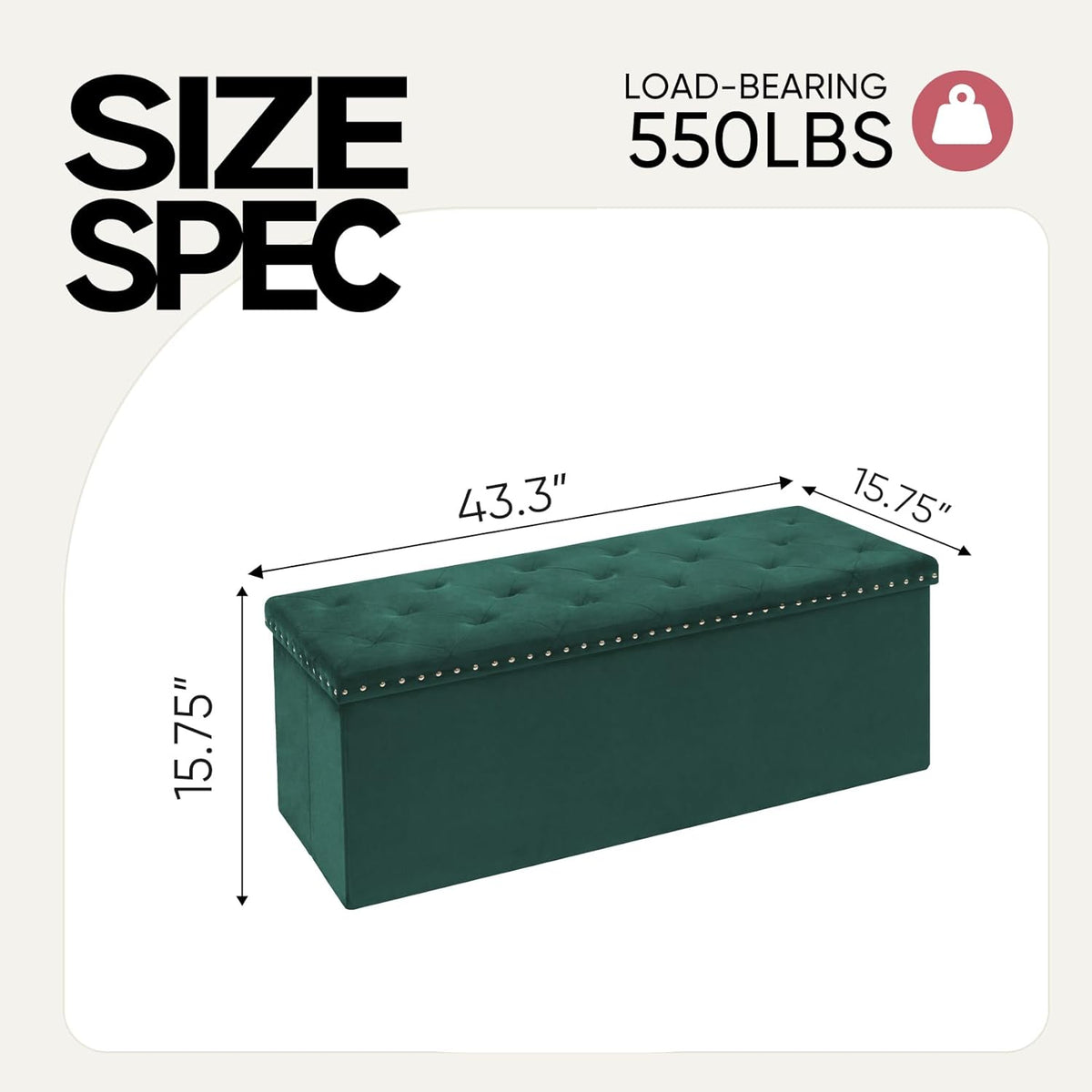 Storage Ottoman Bench, 43 Inches Folding Green Velvet Long Ottoman with Storage for Bedroom 43.7" L x 15.7" W x 15.7" H