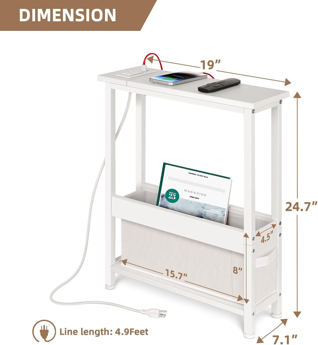 BAMGROW Slim Charging End Table with Storage - for Small Spaces and Bedroom (White)