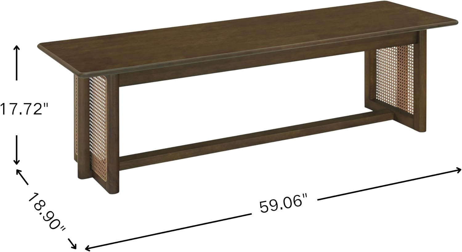 Merax Rustic Rubber Wood 59.06''L Rectangular Dining Bench with Rattan Accents Legs, Large Rectangular Kitchen Bench Fits up to 3 People, Easy Assemble, Walnut