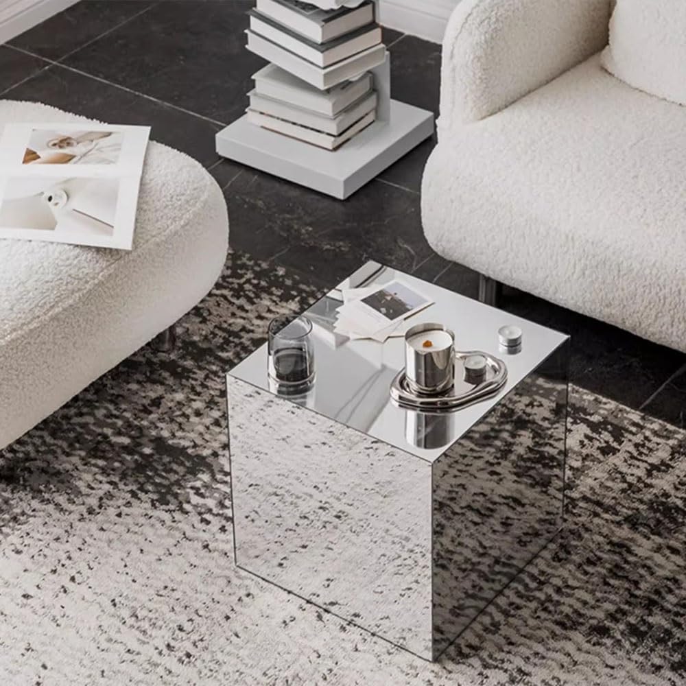 Modern End Table, Mirrored Acrylic Side Table, Cube Coffee Table, Product Photography Props, Simple Bedside Table, Small Accent Table for Living Room, Bedroom(Silver,30cm-11.8in)