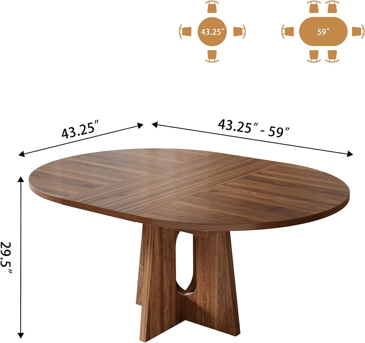 Epecoya 59-Inch Extendable Round to Oval Pedestal Dining Table, Farmhouse Wood Kitchen Table for 4-6 People, Space-Saving Expandable Dinner Table with Heavy Cross Base, Dark Brown Walnut