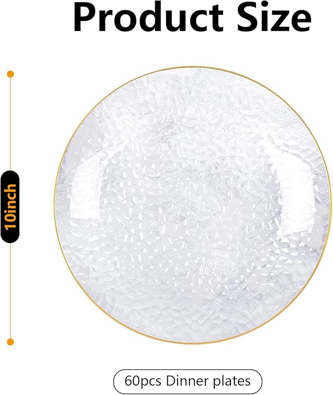 Rubtlamp 60 Pieces Gold Plastic Plates - 10 inch Clear Dinner Plates - Hammer Pattern Design - Fancy Clear and Gold Disposable Plates For All Occasions