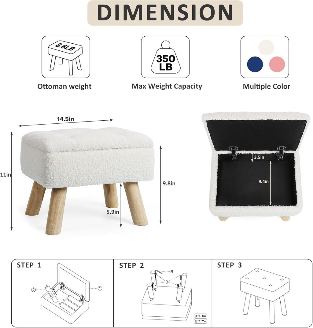 OGEMXU Storage Ottoman, Small Foot Stool Ottoman with Storage, Boucle Teddy Velvet Foot Rest with Padded Seat, Sturdy Wood Legs Stool for Living Room, Bedroom, Couch, Enterway (Cream)