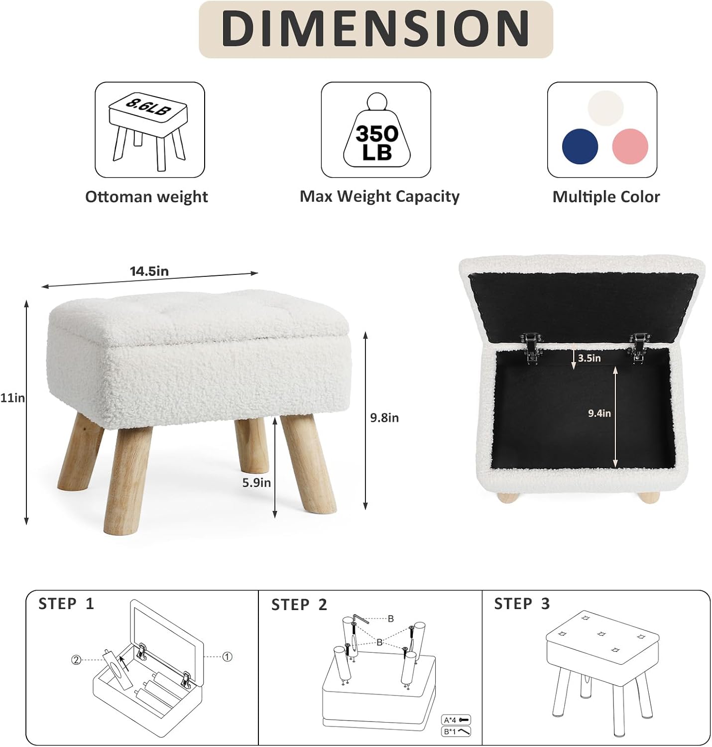 OGEMXU Storage Ottoman, Small Foot Stool Ottoman with Storage, Boucle Teddy Velvet Foot Rest with Padded Seat, Sturdy Wood Legs Stool for Living Room, Bedroom, Couch, Enterway (Cream)