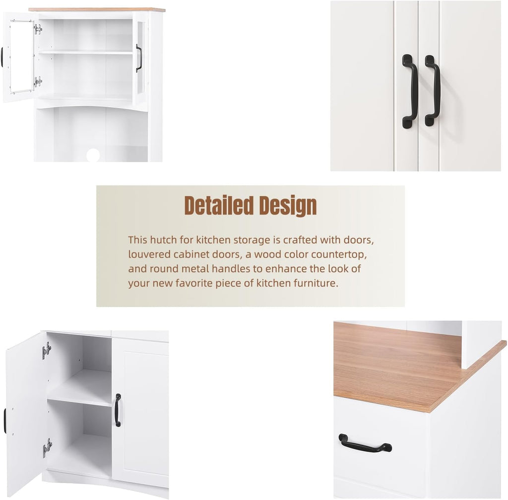 Microwave Cart with Storage, Freestanding Kitchen Pantry Cabinet with Stand & Adjustable Shelves, Farmhouse Multi-Function Organizer with Drawers, Glass Doors for Dining Room Office Dorm, White