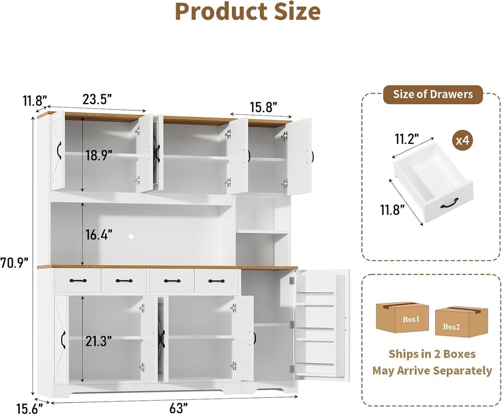 Tall Kitchen Pantry Cabinet with Carved Doors & Charging Station, Modern Storage Buffet with 4 Drawers and Adjustable Shelves, Coffee Bar Cabinet for Dining Room, White
