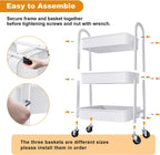 3 Tier Rolling Storage Cart with Wheels for Pantry Floor Organzier, Metal Utility Roller Trolley on Lockable Wheels, Three Tiered Snack Carts for Laundry, Kitchen Organziers, Art, Craft, Book, White