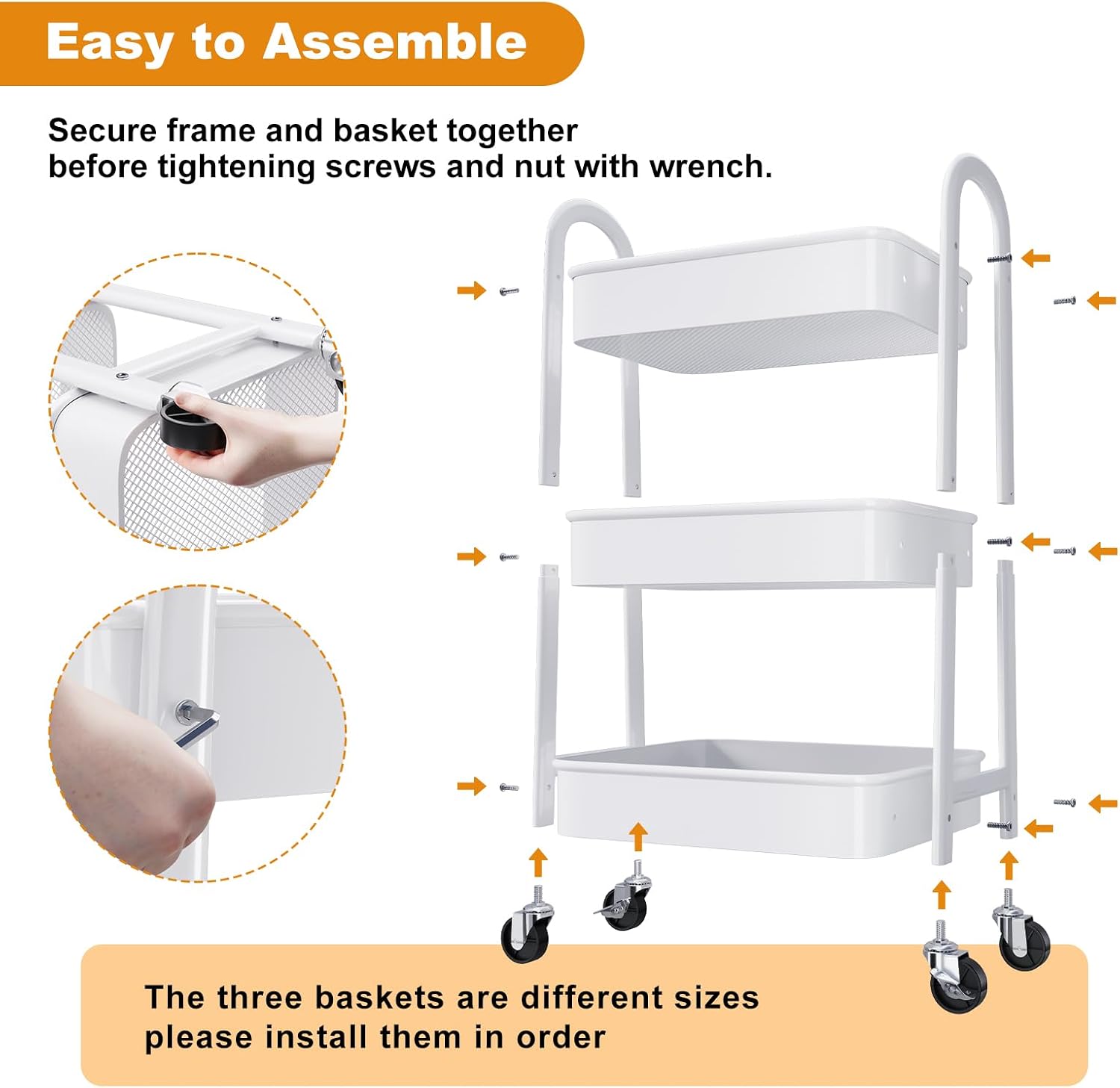 3 Tier Rolling Storage Cart with Wheels for Pantry Floor Organzier, Metal Utility Roller Trolley on Lockable Wheels, Three Tiered Snack Carts for Laundry, Kitchen Organziers, Art, Craft, Book, White