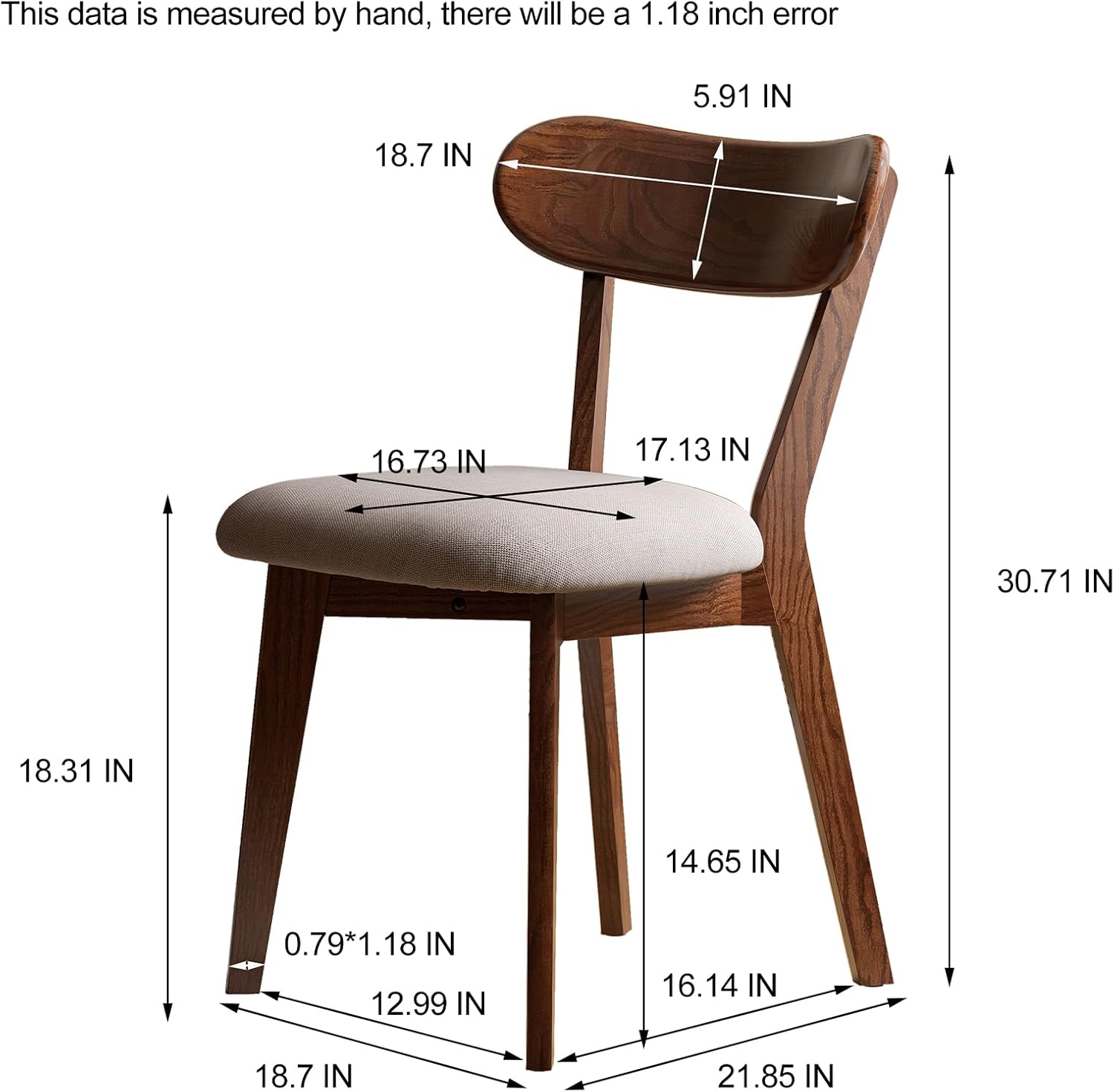 Mid Century Modern Walnut Dining Chairs Set of 4, FAS-Grade Oak, 400 lbs | Heavy-Duty Commercial Grade, Armless, Solid Curved Back, Smoked Brown Upholstered Seat, for Kitchen, Dining Room, Restaurant