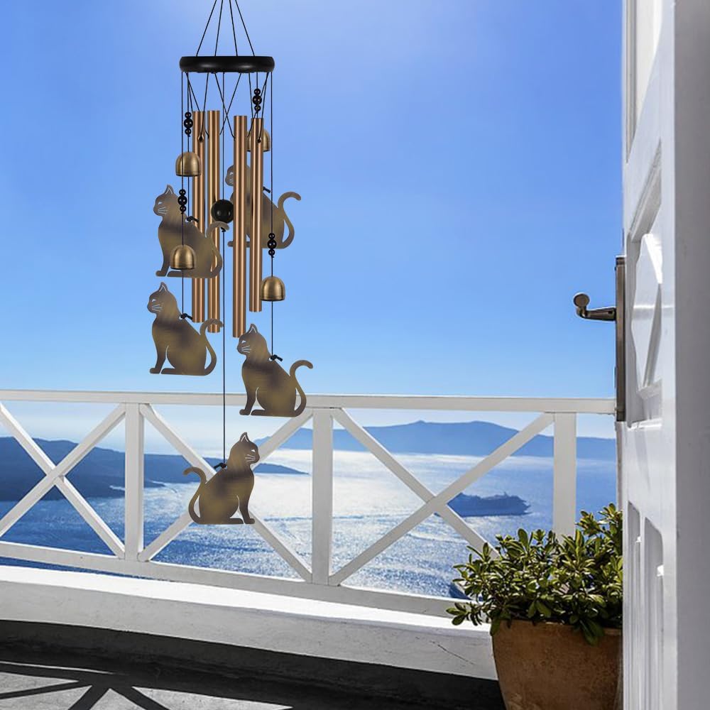 Garden Cat Wind Chimes Outdoor Indoor Decor - with 4 Tubes 4 Bells 5 Cats Wind Chime, Mobile Romantic Cat Wind Catcher, Cats Windchimes for Home, Mom Gifts, Balcony, Tree, Festival, Garden Decoration