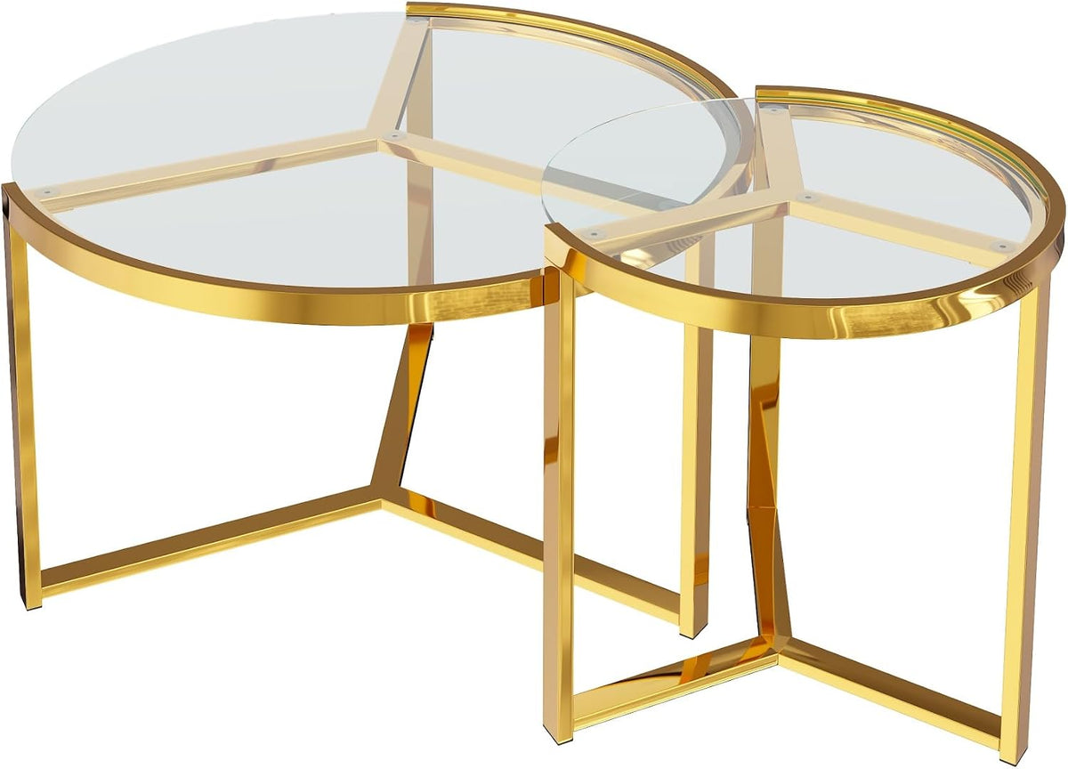 Round Nesting Coffee Table Set of 2 with Gold Frame & Mirrored Top, Black | Modern Circular Cocktail Tables with Tempered Glass, Space-Saving for Living Room & Apartment