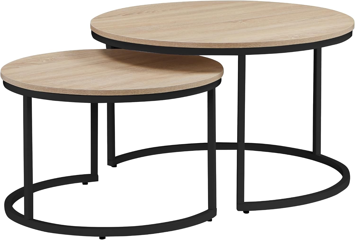 31.5 Inch Round Nesting Coffee Tables Set of 2, Oak‑Tone Stackable Side Tables with Sturdy Metal Legs, Space‑Saving Easy‑Assembly Accent Tables for Living Room