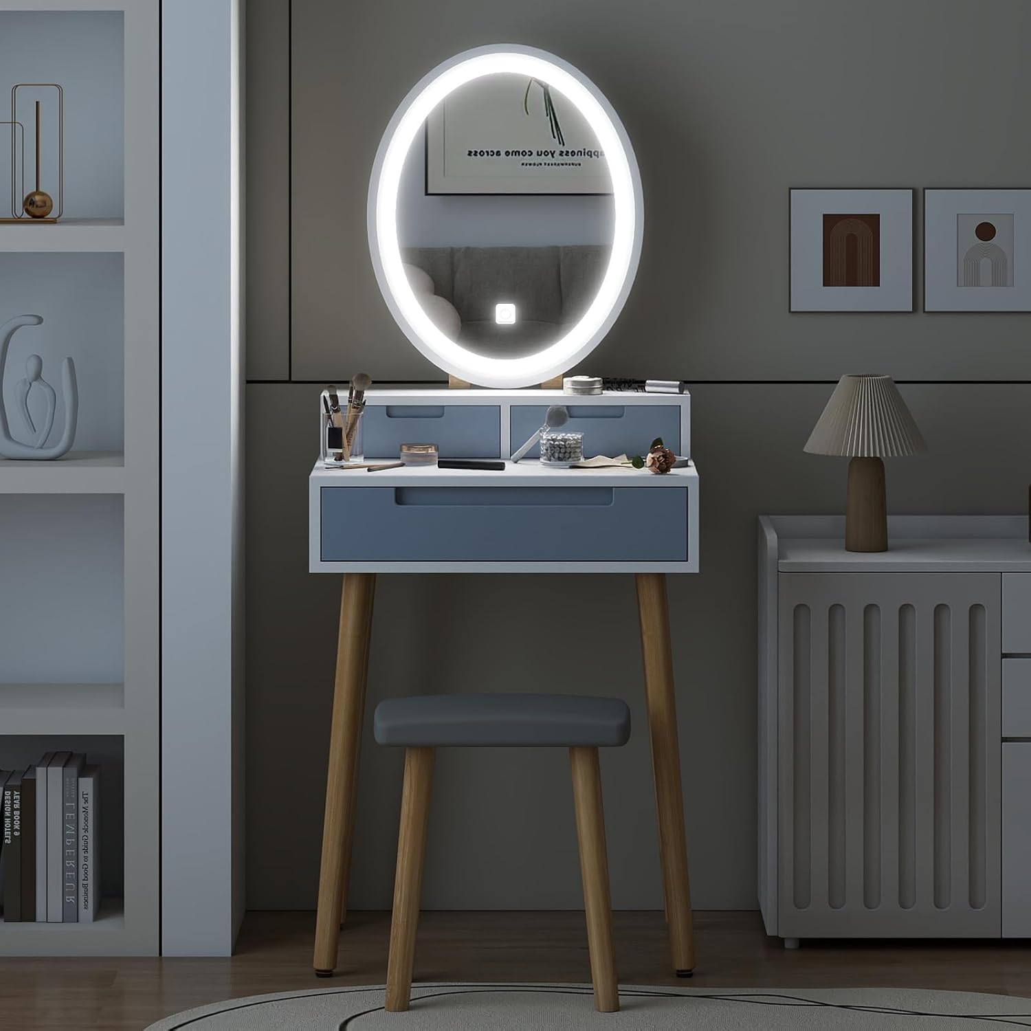 YOURLITE Small Makeup Vanity Desk with Mirror and Lights | Compact Vanity, 3 Lighting Modes, Adjustable Brightness, 3 Drawers, Cushioned Stool