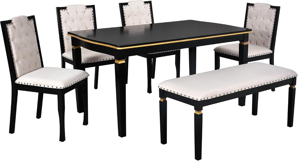 LUMISOL 6-Piece Farmhouse Dining Table Set, 60” Solid Wood Table, 4 Upholstered Chairs and Bench, Black
