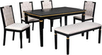 LUMISOL 6-Piece Farmhouse Dining Table Set, 60” Solid Wood Table, 4 Upholstered Chairs and Bench, Black