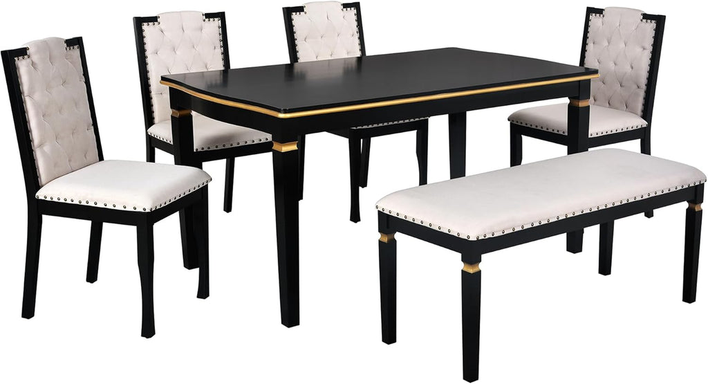 Harper & Bright Designs 6-Piece Kitchen Dining Table Chairs Set, 60" Rectangular Table and 4 High-Back Tufted Chairs & 1 Bench for Dining Room and Kitchen (Black)