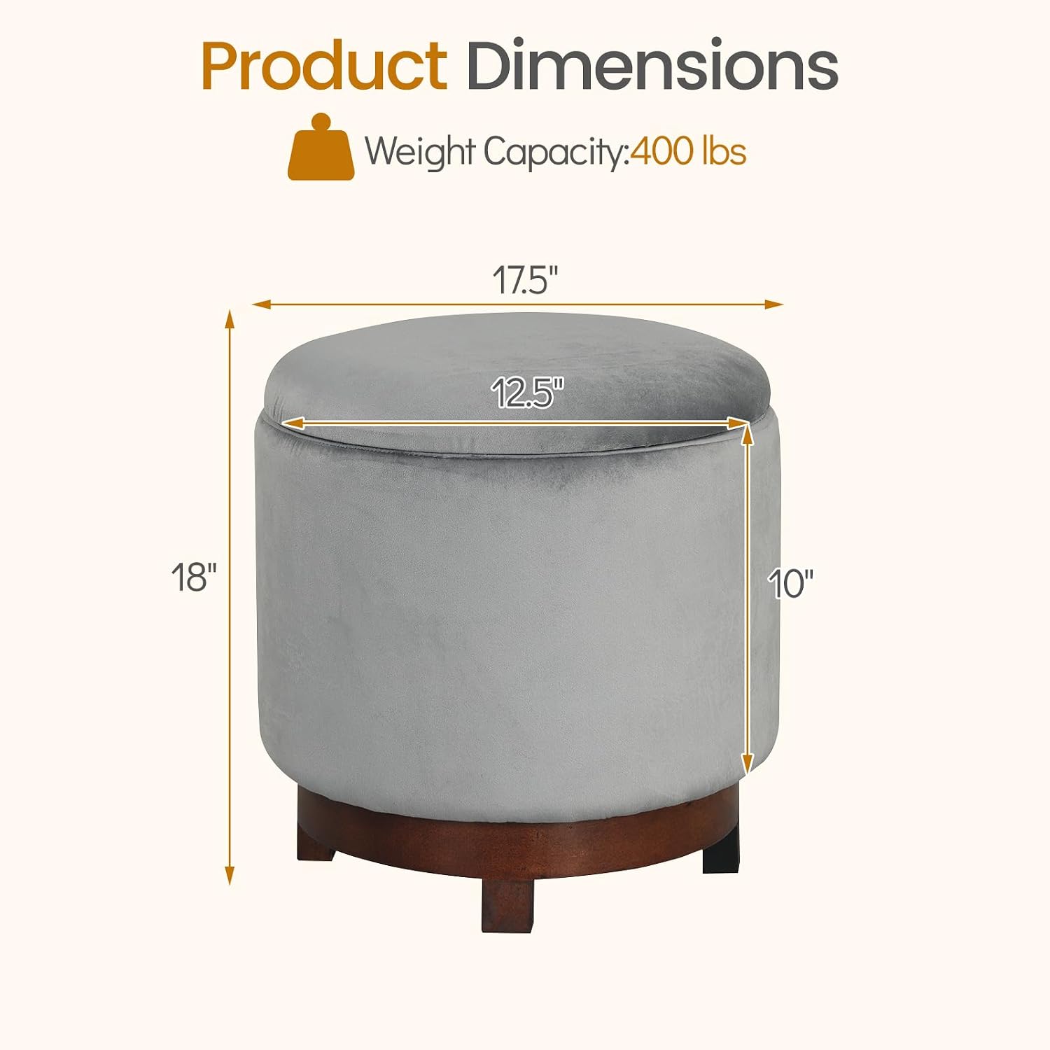 Giantex Round Ottoman with Storage, 360° Swivel Velvet Vanity Stool with Removable Lid, Wood Frame & Legs, Ottoman Foot Rest for Living Room, Bedroom, Makeup Room No Assembly (Gray & Walnut)