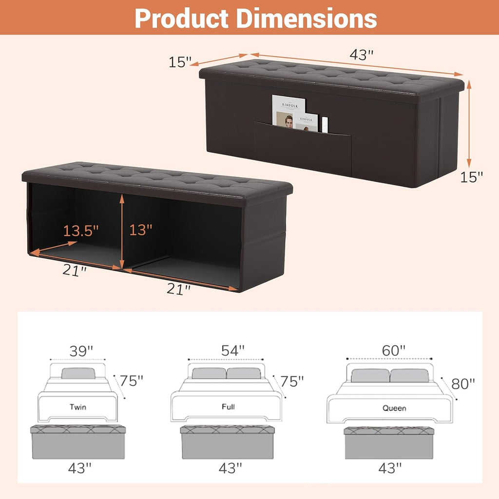 43 Inches Folding Storage Ottoman Bench, Foldable Foot Rest Stool End of Bed Bench with Side Pocket, Storage Chest for Living Room, Entryway & Bedroom (Brown)