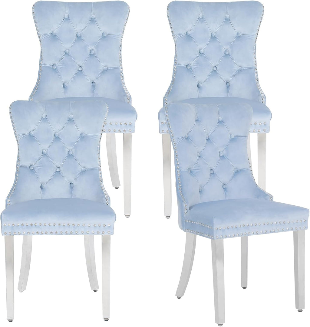 Velvet Dining Chairs Set of 4,Upholstered Dining Room Chairs with Stainless Steel Legs,Modern Luxury Kitchen Accent Chair with Button Tufted High Back,Pull Ring,Nailhead Trim,Light Blue
