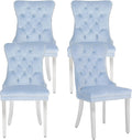 Velvet Dining Chairs Set of 4,Upholstered Dining Room Chairs with Stainless Steel Legs,Modern Luxury Kitchen Accent Chair with Button Tufted High Back,Pull Ring,Nailhead Trim,Light Blue