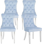 Velvet Dining Chairs Set of 4,Upholstered Dining Room Chairs with Stainless Steel Legs,Modern Luxury Kitchen Accent Chair with Button Tufted High Back,Pull Ring,Nailhead Trim,Light Blue