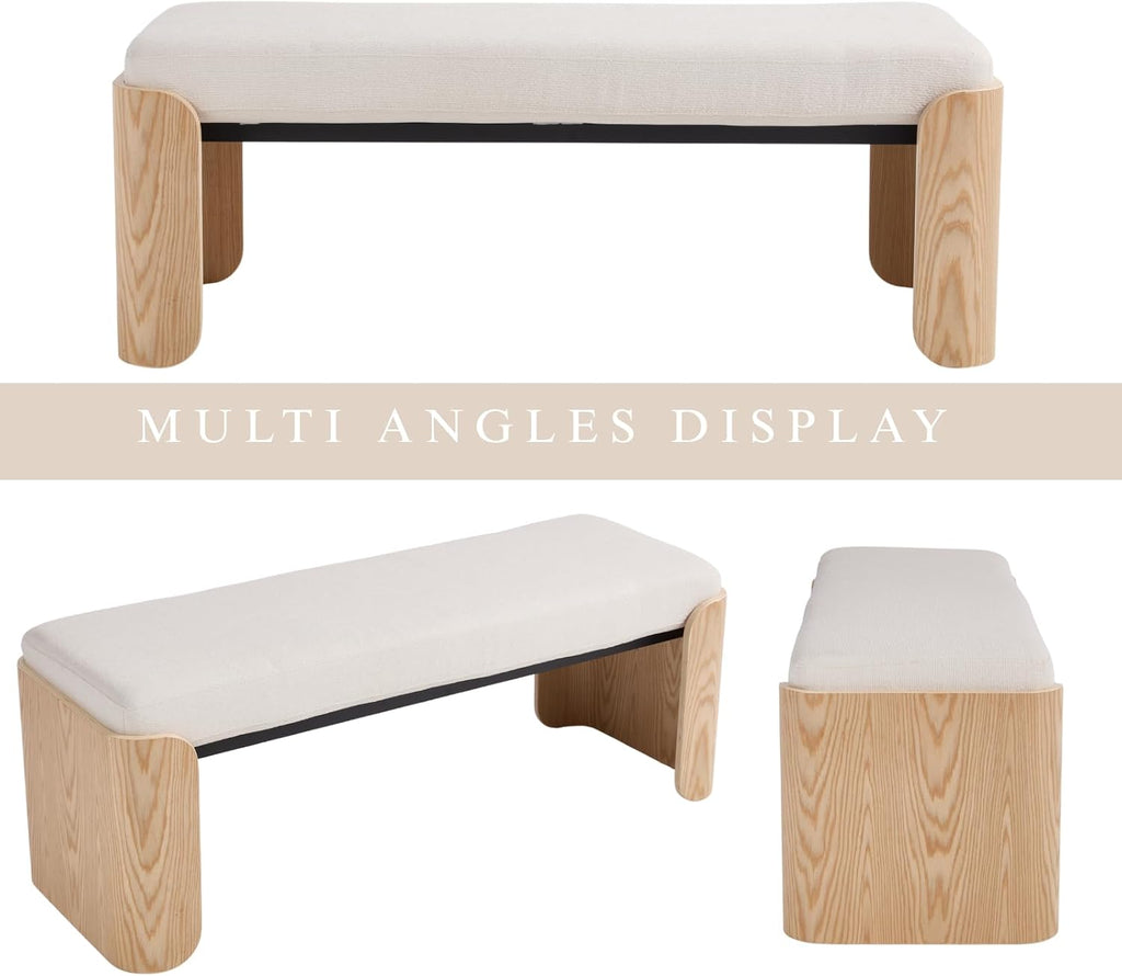 DUOMAY Modern White Chenille Bedroom Bench, 49" Wide Long Entryway Bench with Solid Wood Legs Upholstered Dining Bench Ottoman for Living Room Indoor